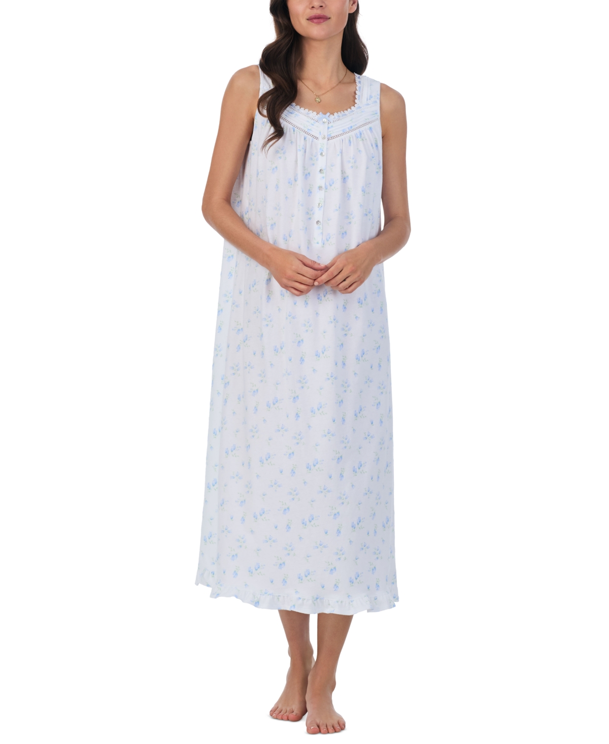 Eileen West Women's Cotton Lace-trim Nightgown In White Blue Floral
