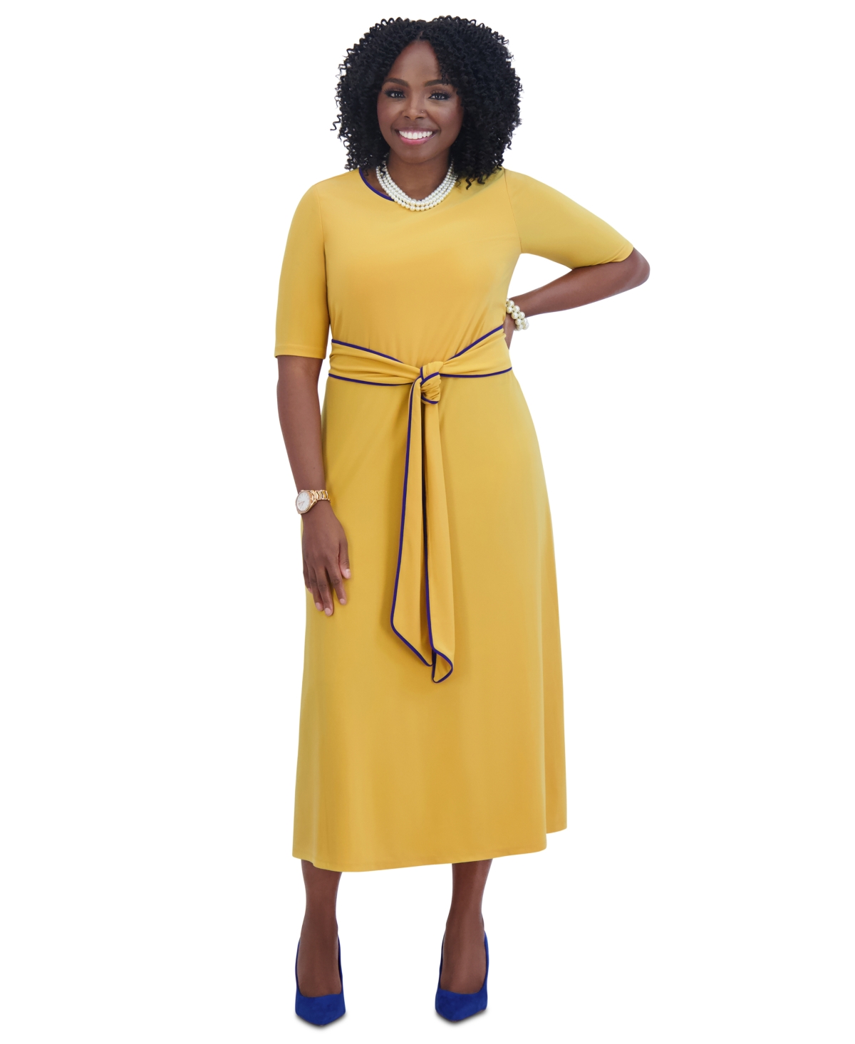 Kasper Women's Contrast-trim Short-sleeve Midi Dress In Gold Sig,r