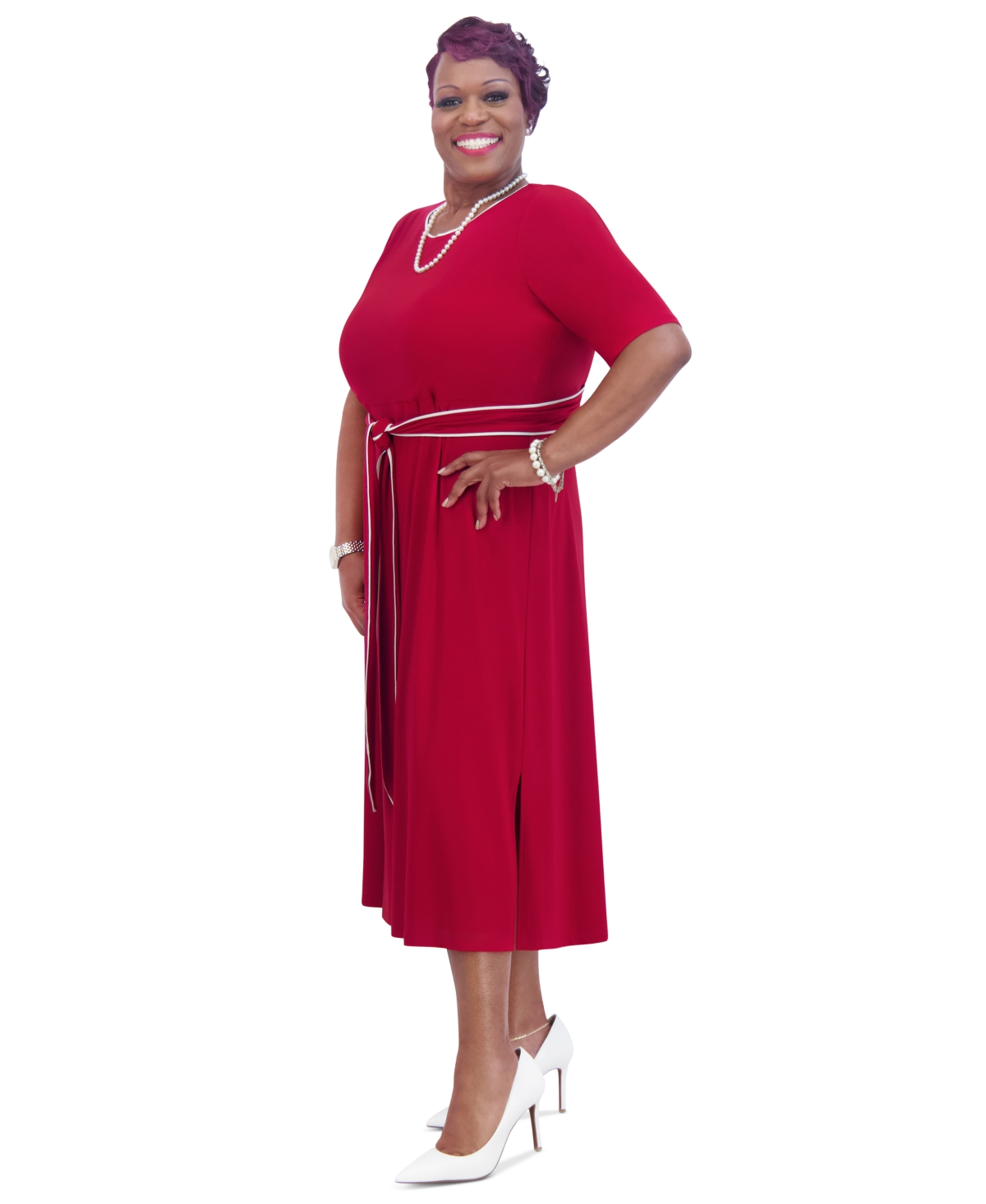 Kasper Women's Contrast-trim Short-sleeve Midi Dress In Crimson,cr