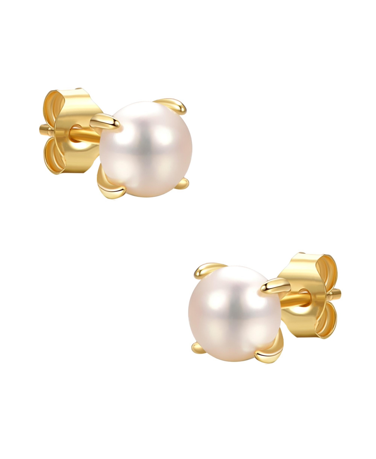 Genevive 14kPlated with Round White Genuine Pearl Solitaire Stud Earrings in Sterling Silver - Gold