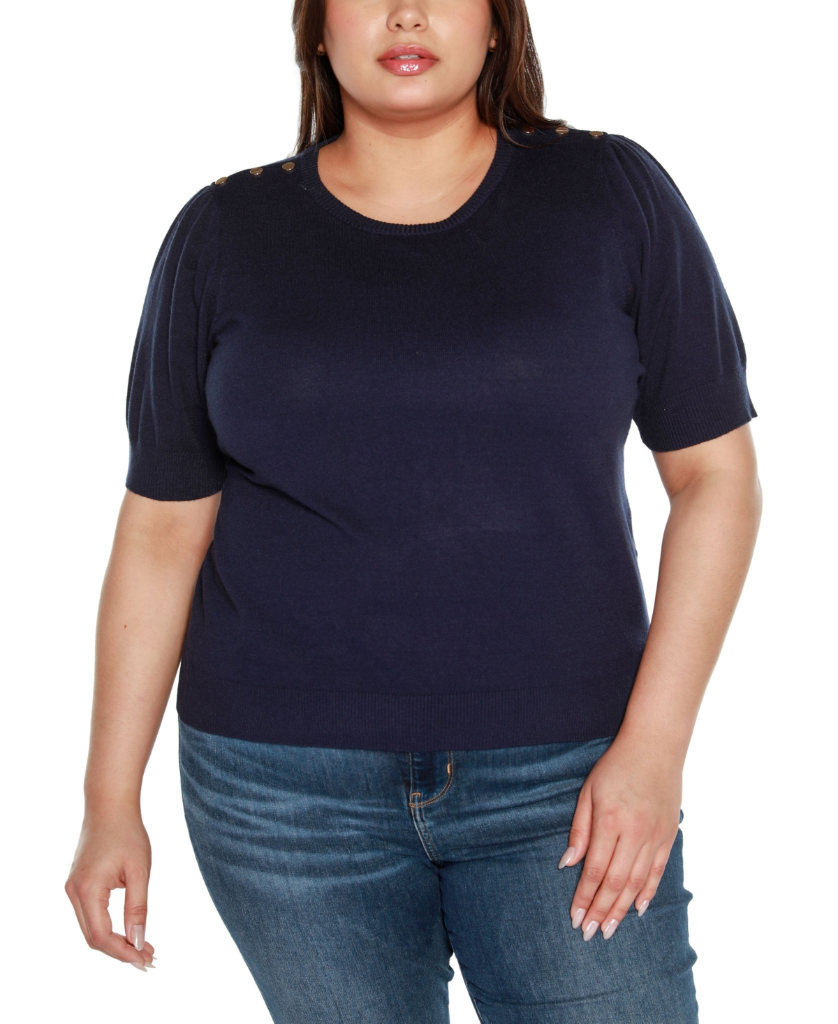 Shop Belldini Plus Size Rivet Detail Puff Sleeve Sweater In Navy