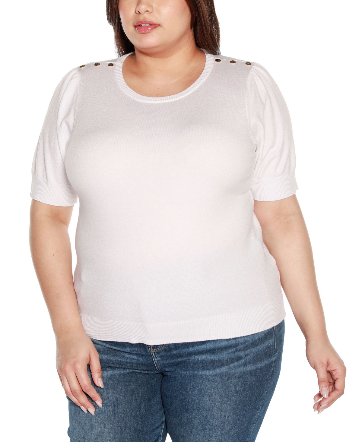 Belldini Plus Size Rivet Detail Puff Sleeve Sweater In White