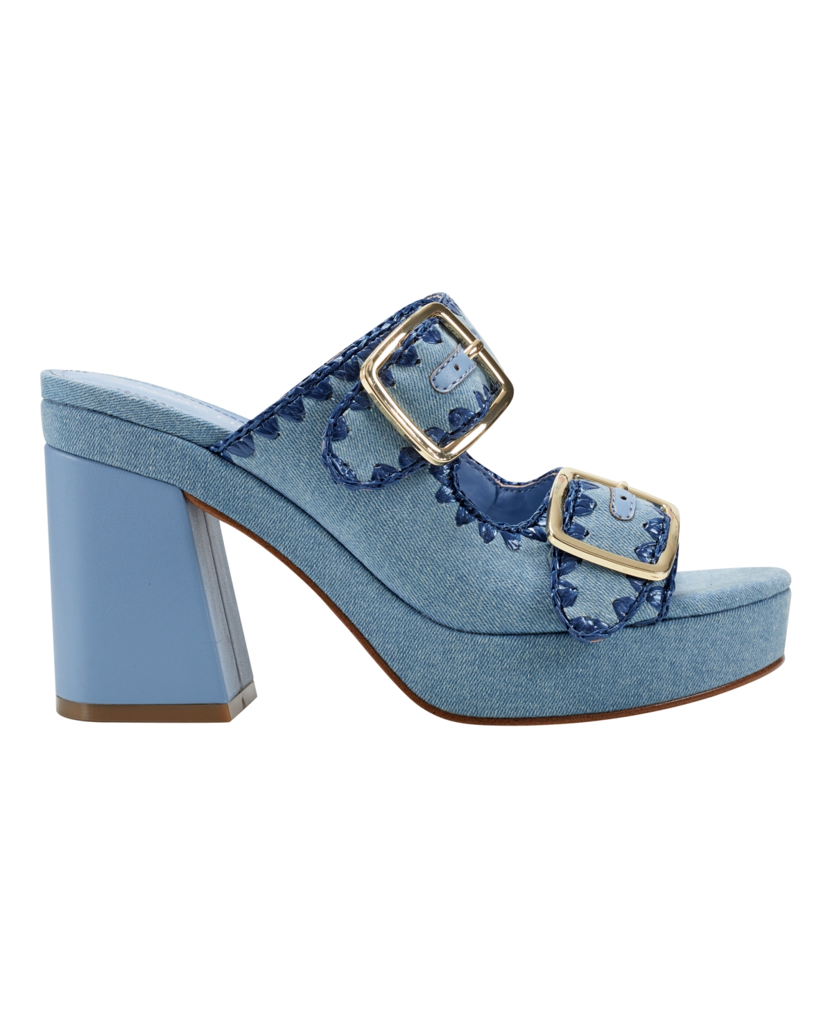 Shop Marc Fisher Women's Dalen Block Heel Slip-on Dress Sandals In Blue Denim- Textile