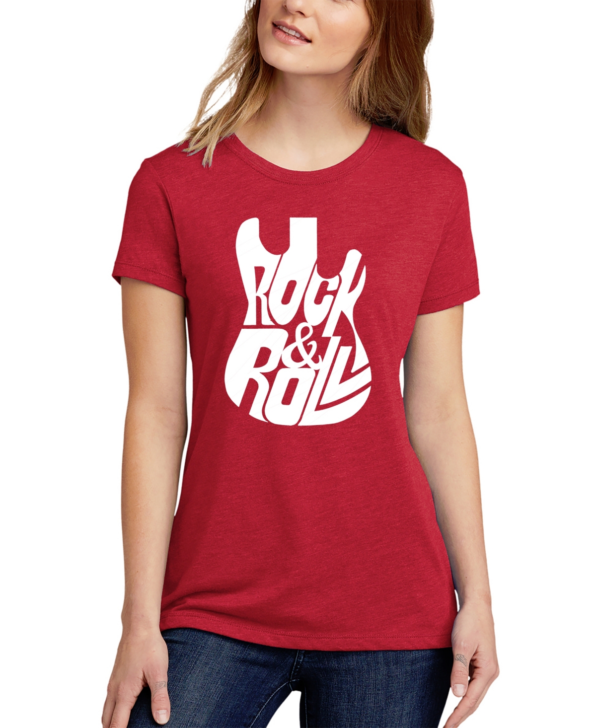 Shop La Pop Art Women's Premium Blend Word Art Rock And Roll Guitar T-shirt In Red