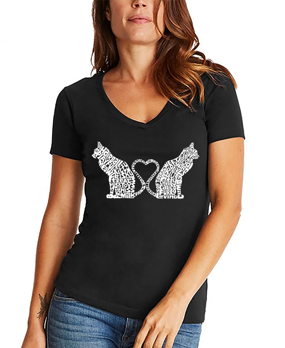 Women's Word Art Cat Tail Heart V-Neck T-Shirt - Black