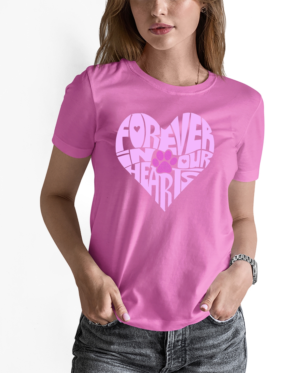 Shop La Pop Art Women's Word Art Forever In Our Hearts T-shirt In Pink