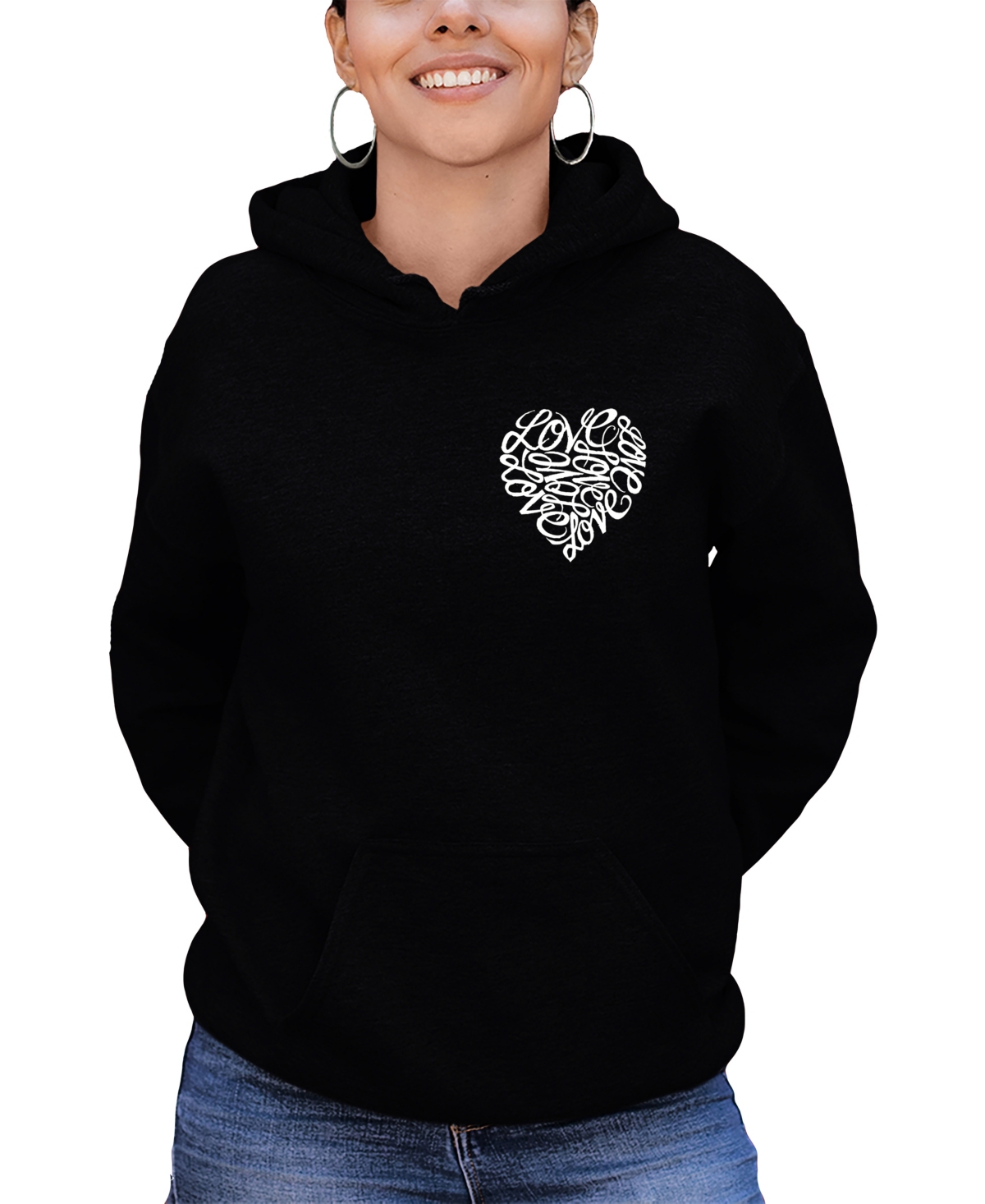 LA POP ART WOMEN'S WORD ART CURSIVE HEART HOODED SWEATSHIRT 