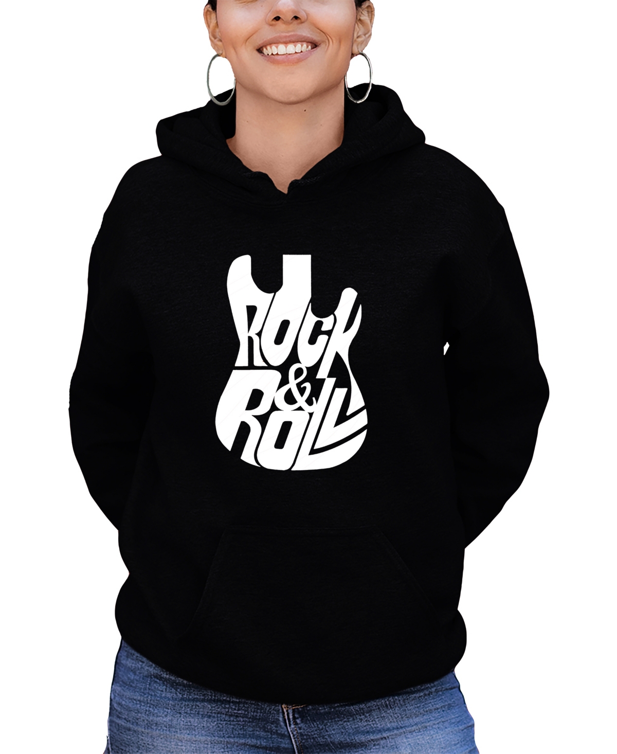 Shop La Pop Art Women's Word Art Rock And Roll Guitar Hooded Sweatshirt In Black