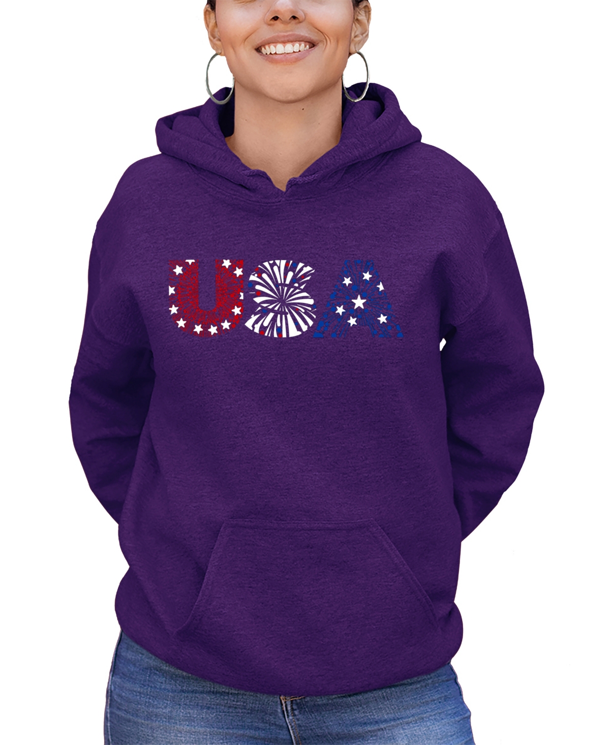 LA POP ART WOMEN'S WORD ART USA FIREWORKS HOODED SWEATSHIRT 