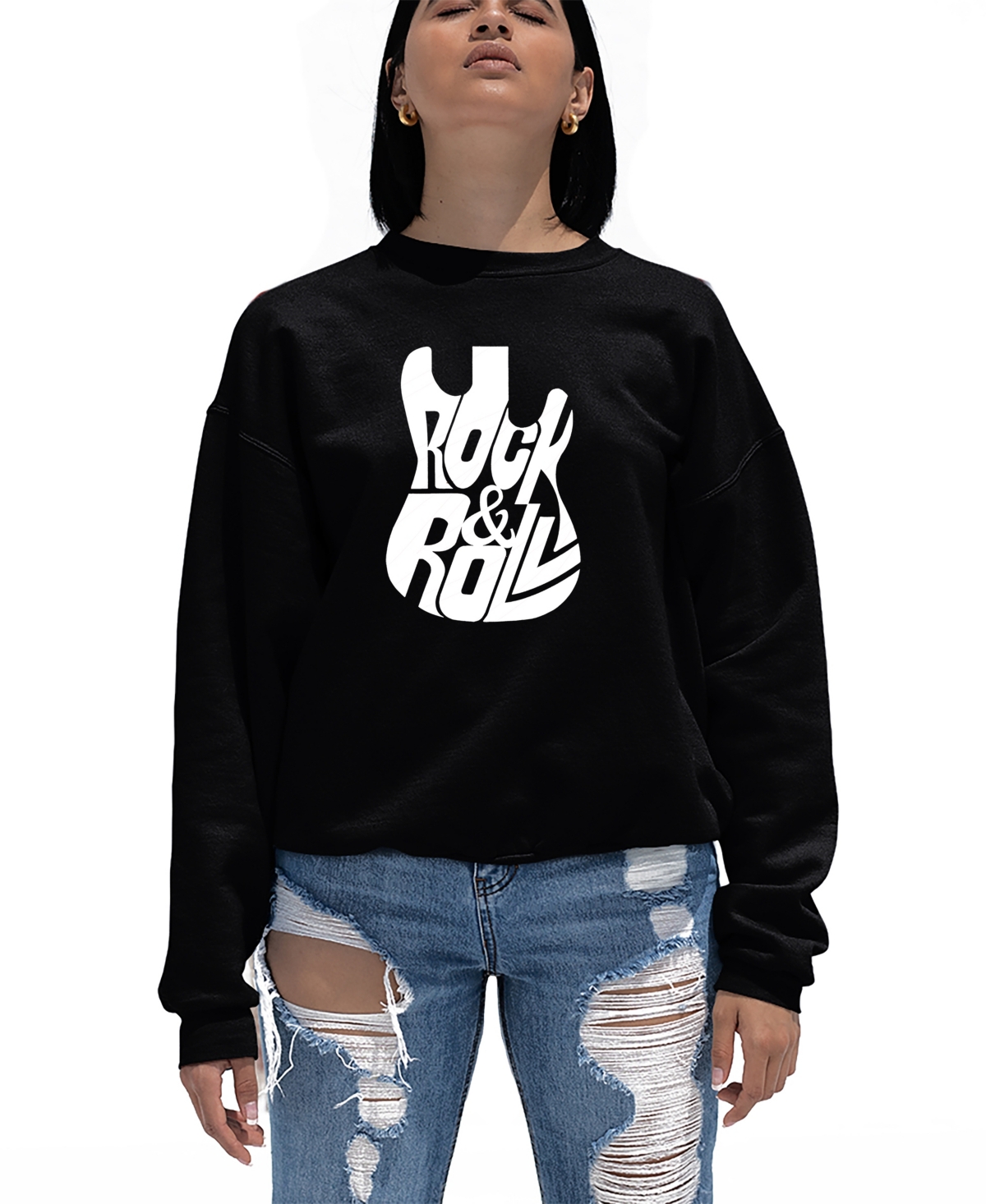Shop La Pop Art Women's Word Art Rock And Roll Guitar Crewneck Sweatshirt In Black