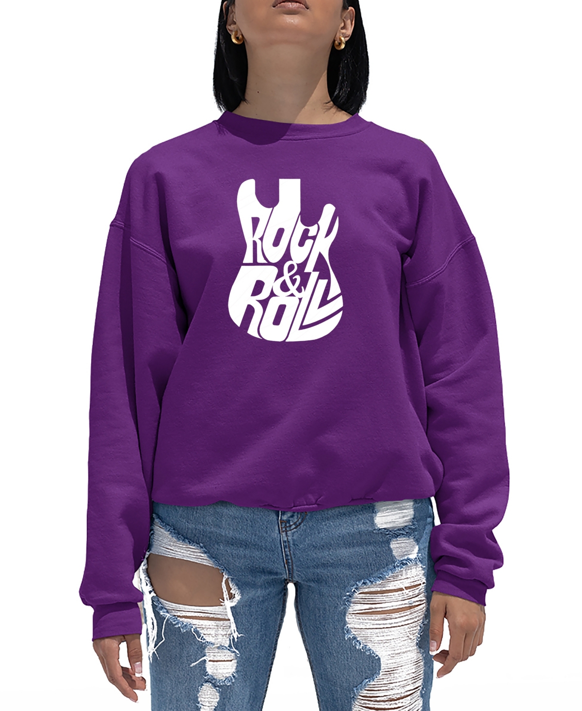 Shop La Pop Art Women's Word Art Rock And Roll Guitar Crewneck Sweatshirt In Purple