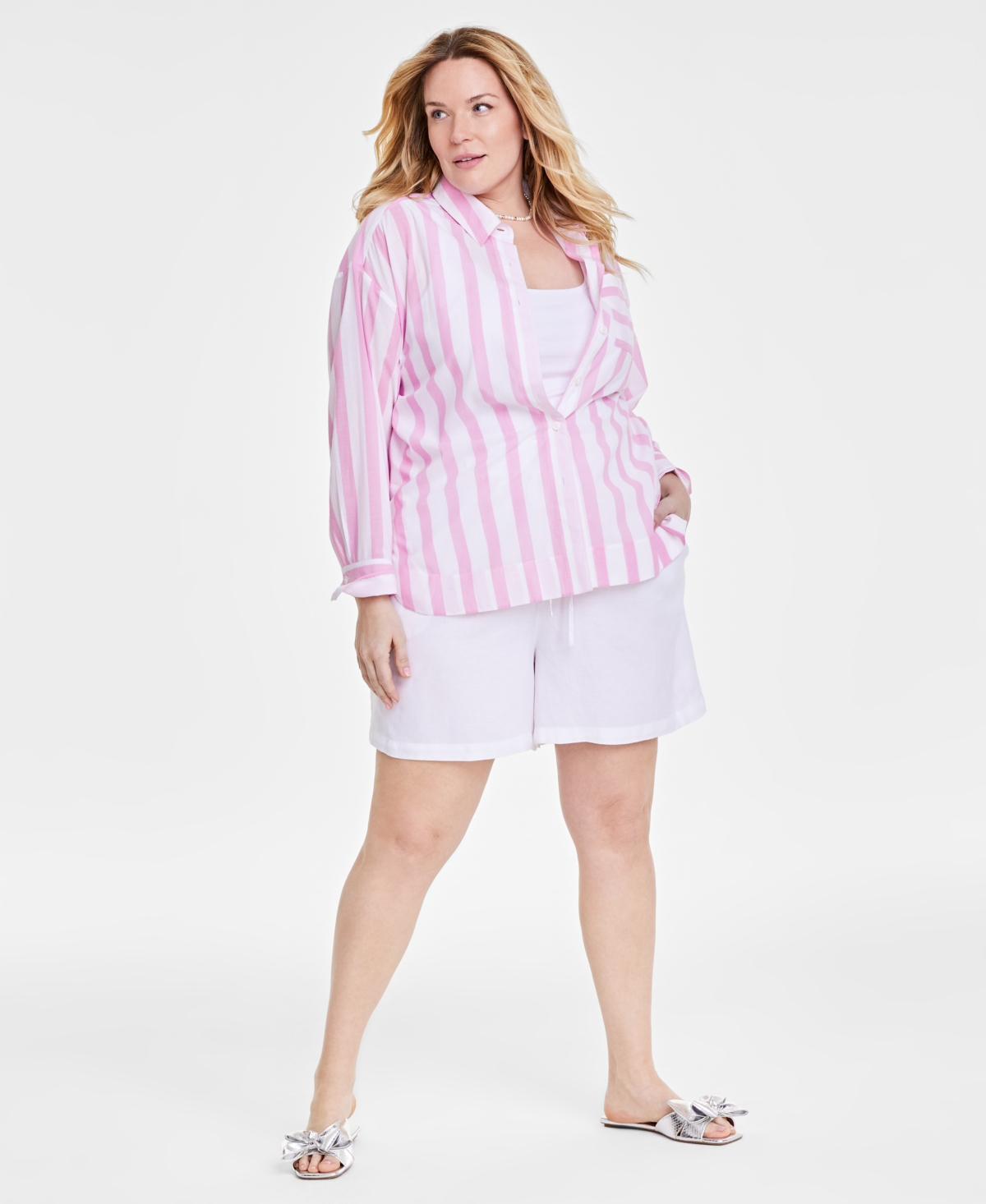 Trendy Plus Size Striped Shirt, Created for Macy's - Pink Lilac Combo