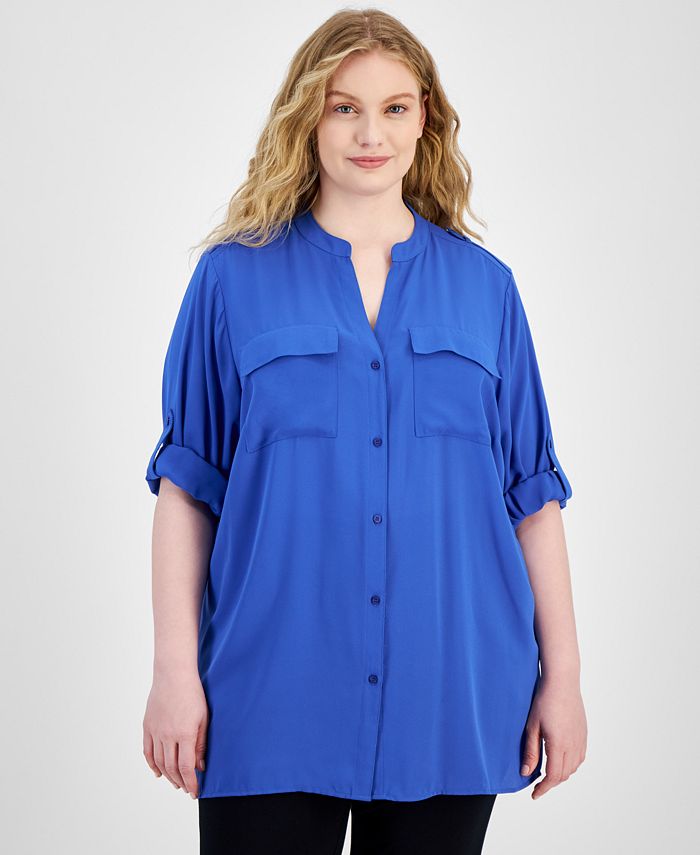 4OUR DREAMERS Womens Blue Pocketed Roll Tab Sleeve Button Down Easy Elbow Sleeve Collared Above The Knee Cocktail Hi-Lo Dress main image 1