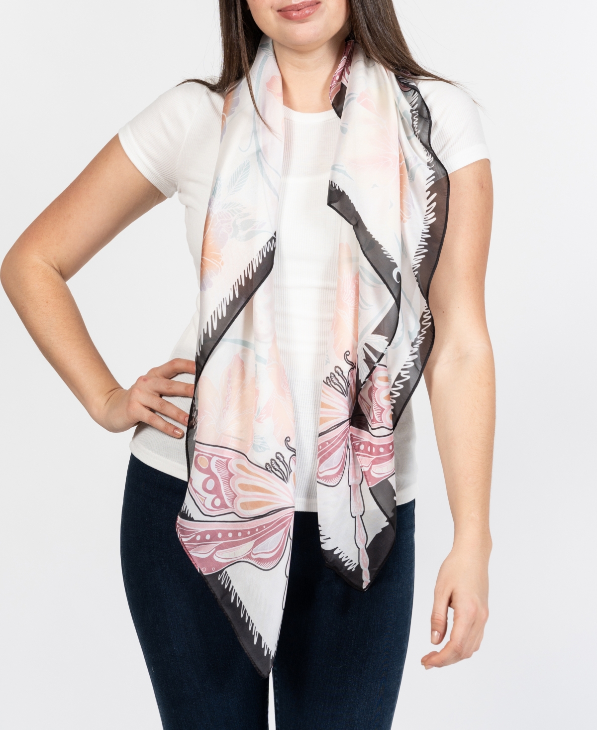 Women's Oversized Butterfly Printed Square Scarf - Neutral