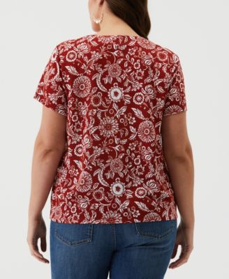 Plus Size Paisley Print Lace-Up Short Sleeve Tee Shirt