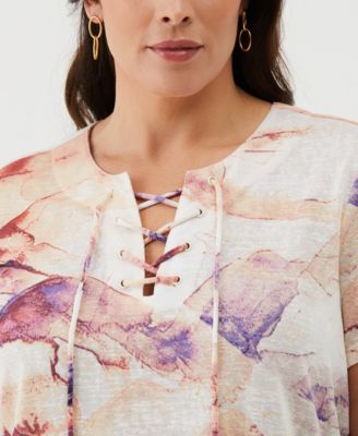 Plus Size Eco Watercolor Print Lace-Up Short Sleeve Tee Shirt