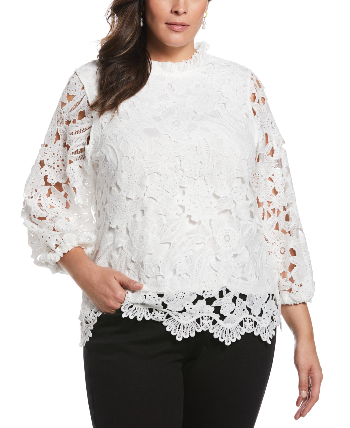Plus Size Lace Mock Neck 3/4 Sleeve Top - White