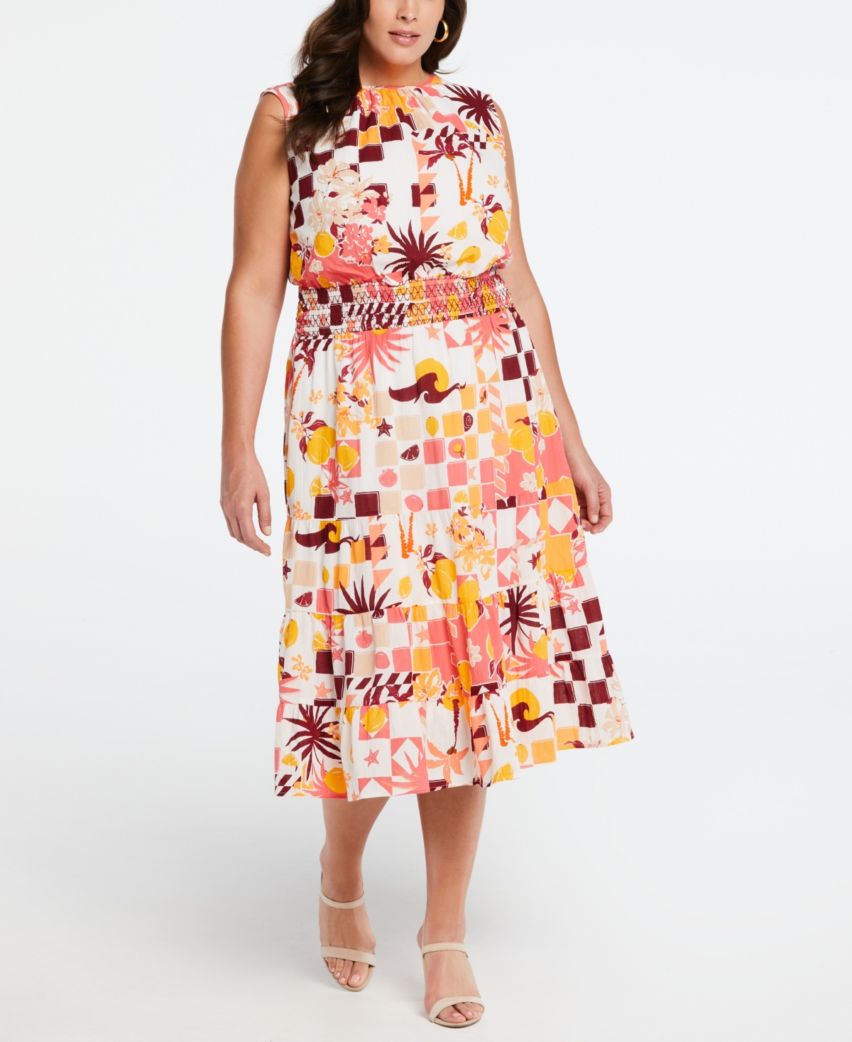 Shop Ella Rafaella Plus Size Cotton Tiered Midi Dress In Sun Kissed Coral