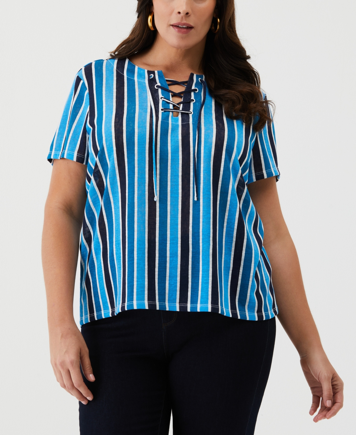 Plus Size Eco Stripe Lace-Up Short Sleeve Tee Shirt - Malibu Blue