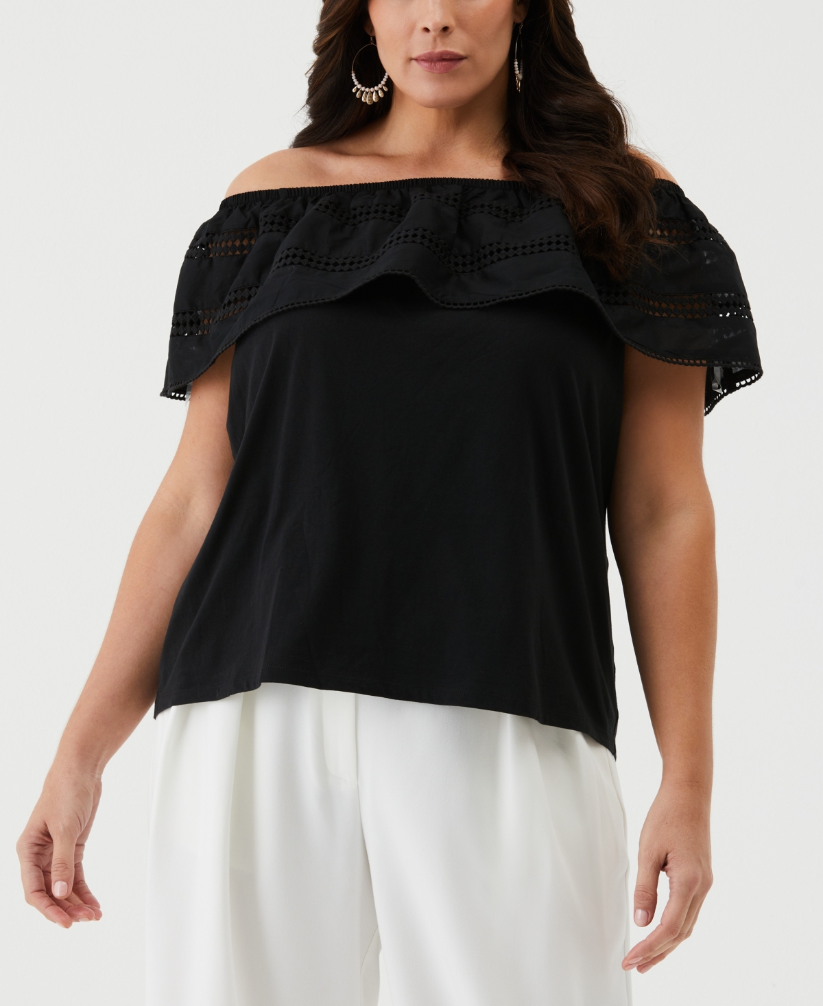 Shop Ella Rafaella Plus Size Embroidered Off The Shoulder Top In Black