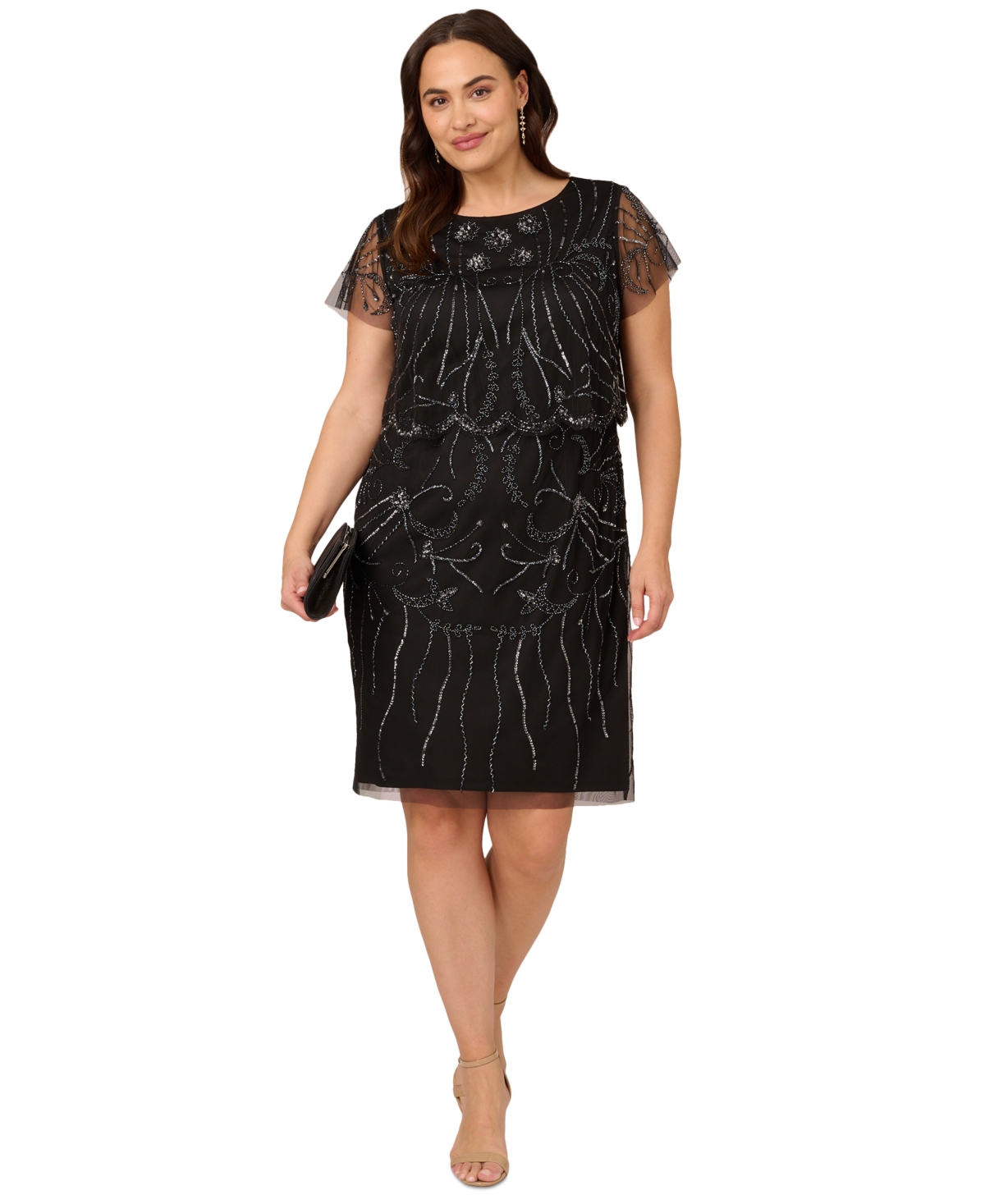Adrianna Papell Plus Size Beaded Cocktail Dress In Black Gunmetal
