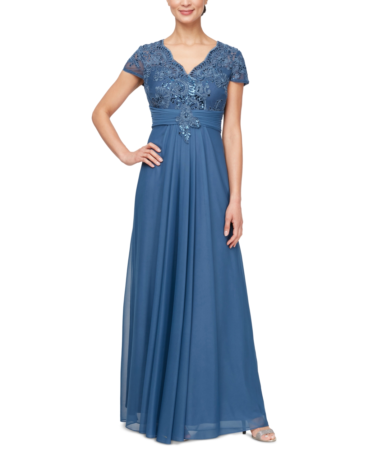 Shop Alex Evenings Petite Sequin Embroidered-lace Gown In Vintage Blue