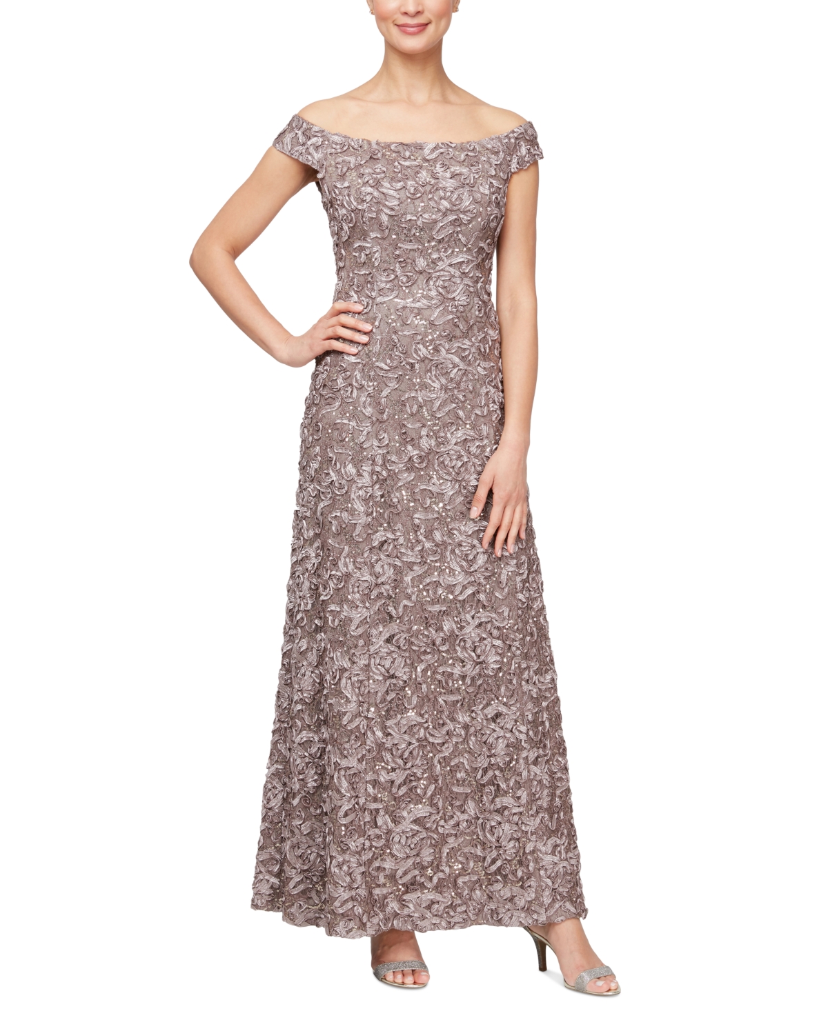 Petite Sequin-Lace Off-The-Shoulder Gown - Mink