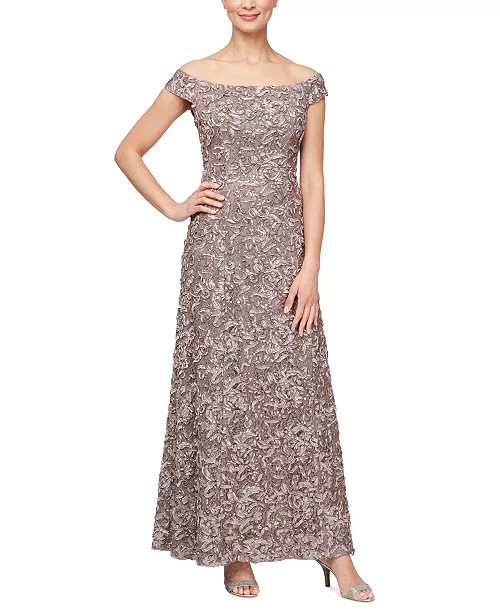 petite sequin-lace off-the-shoulder gown