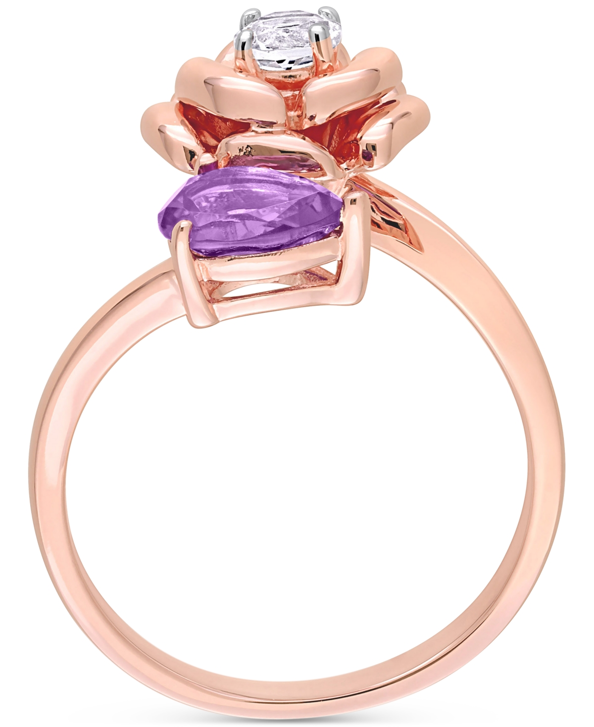 Shop Macy's Amethyst (5/8 Ct. T.w.) & White Topaz (1/3 Ct. T.w.) Rose Bypass Ring In Rose-plated Sterling Silver