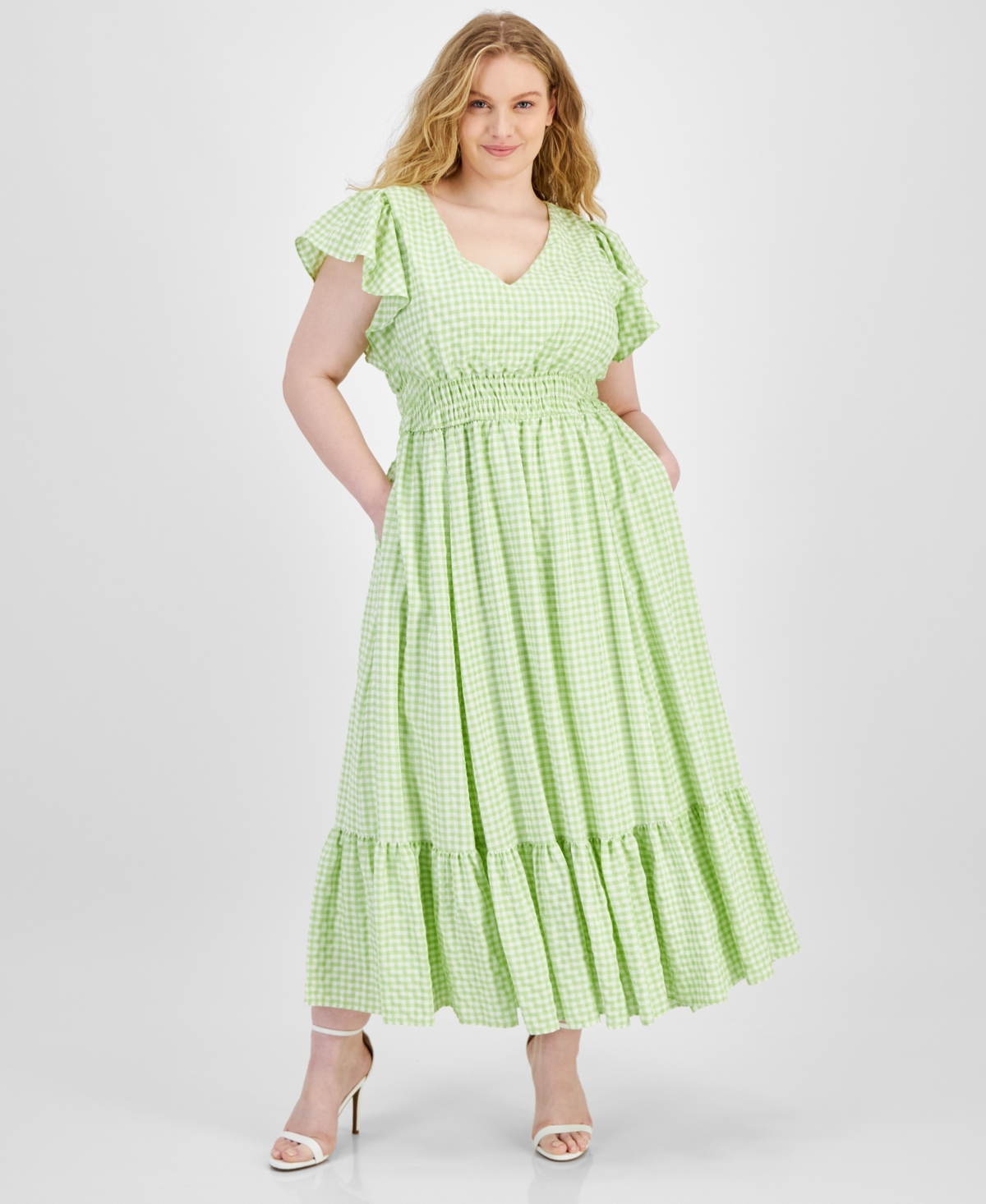 Plus Size Gingham A-Line Dress - Limecream