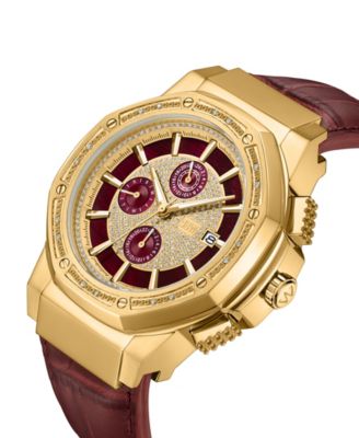 Men's Saxon Multifunction Maroon Genuine Leather Watch, 48mm