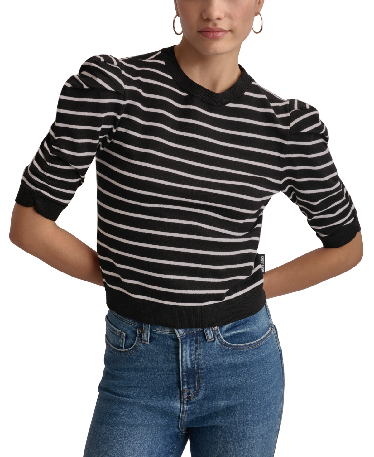 Dkny Jeans Women's Striped Ruched-sleeve Crewneck Top In Black,white