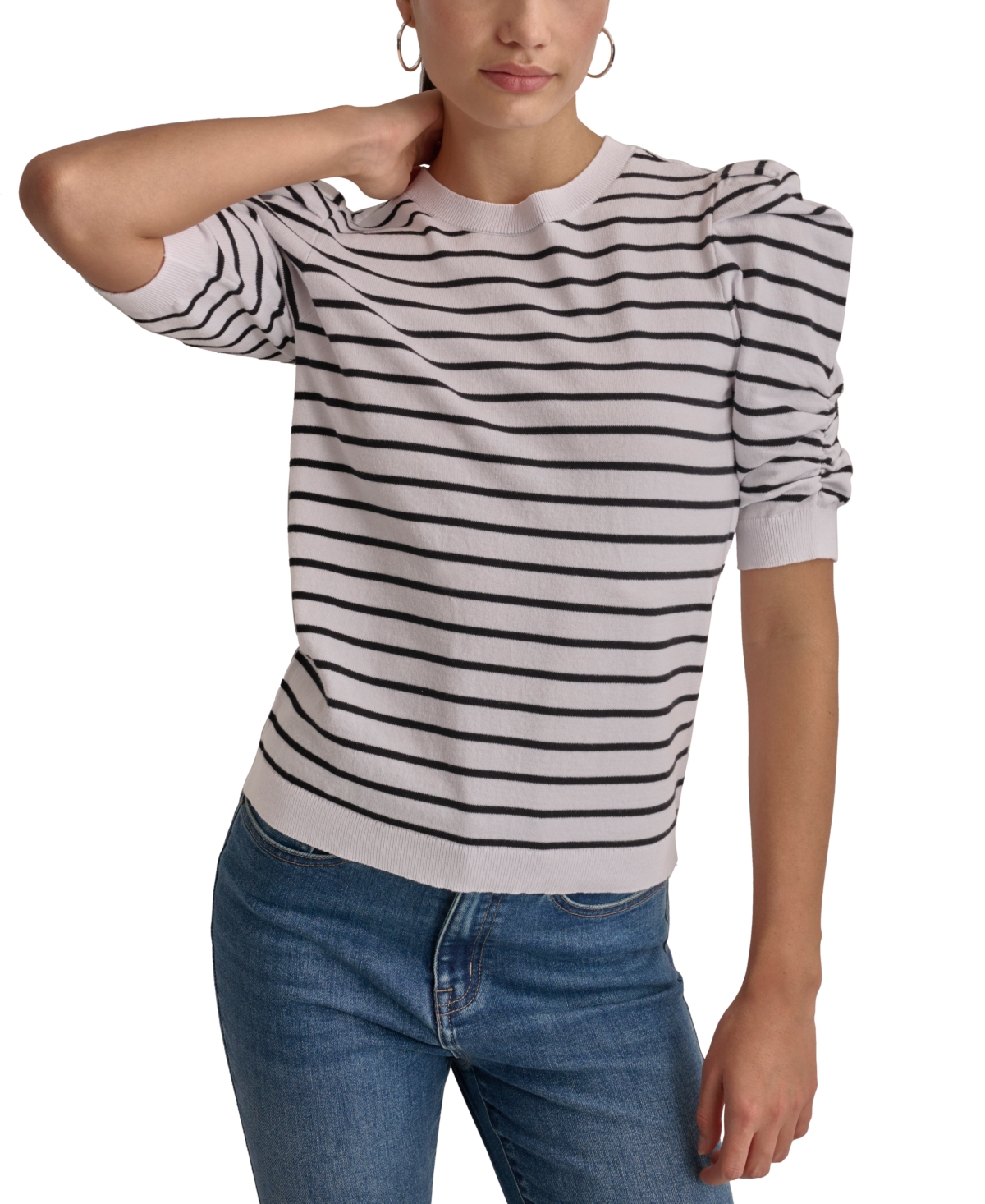 Dkny Jeans Women's Striped Ruched-sleeve Crewneck Top In White,wave