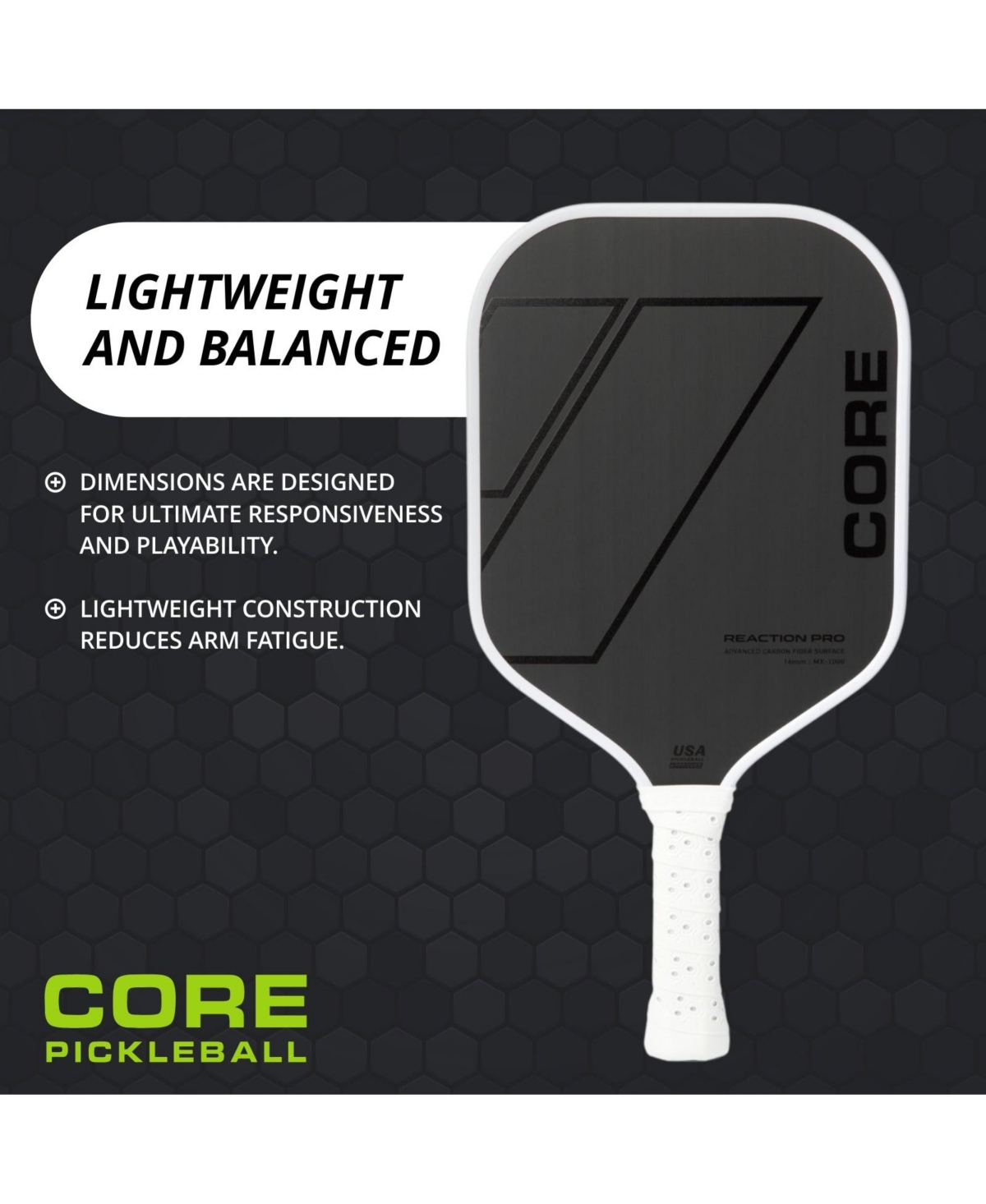 Core Pickleball Core Reaction Pickleball Pro Mx-1000 Paddle| T700 Carbon Fiber
