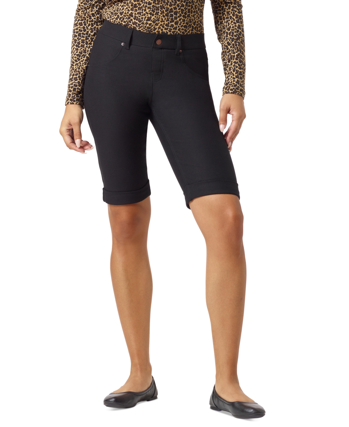 Shop Hue Women's Cuffed Essential Pull-on Denim Shorts In Black
