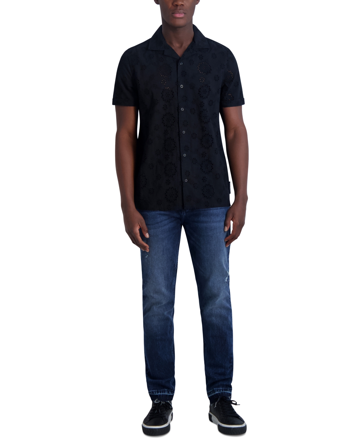 Shop Karl Lagerfeld Men's Slim-fit Eyelet Button-down Camp Shirt In Black