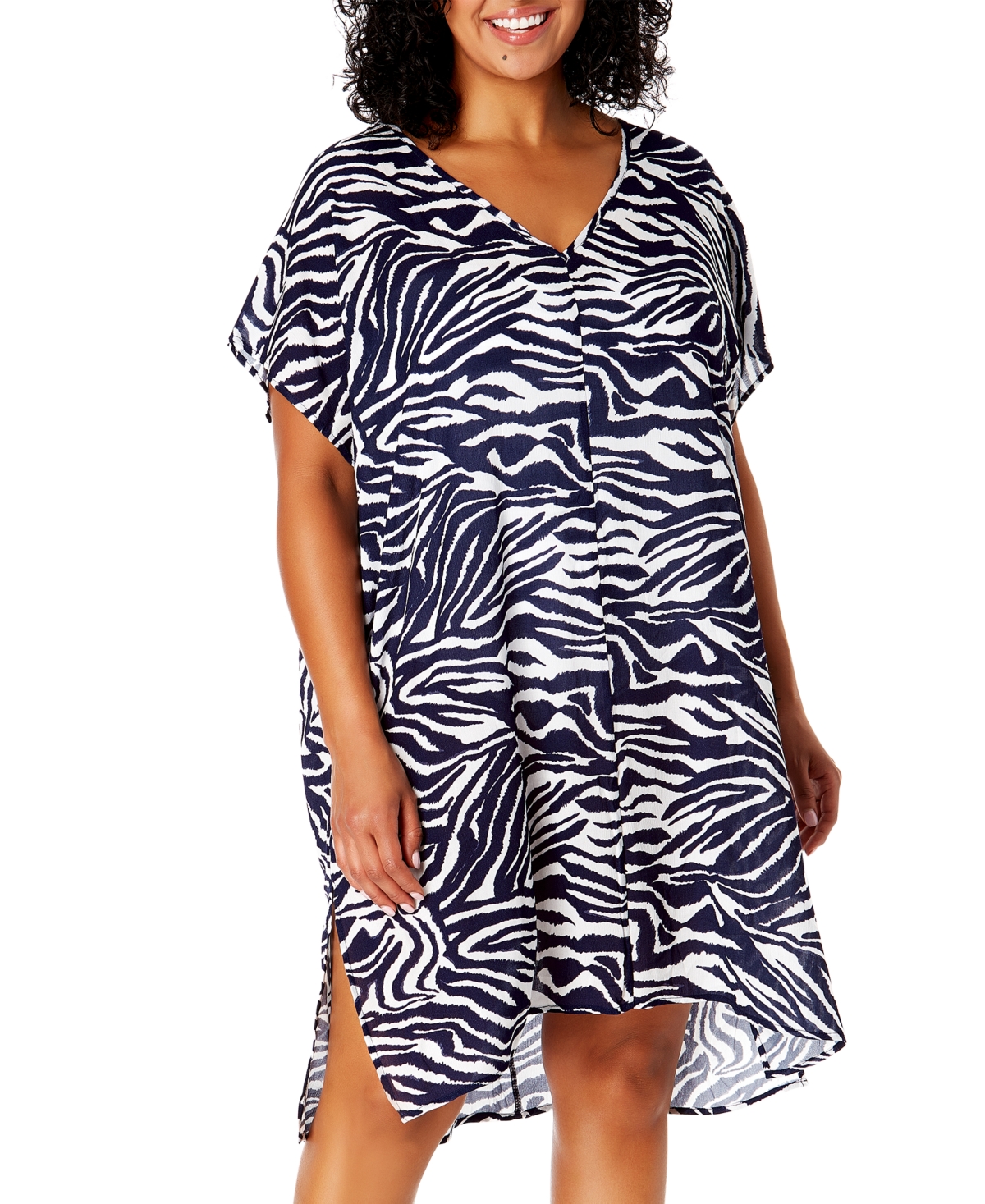 Anne Cole Plus Size Zebra-print Swim Cover-up Dress In Navy  White