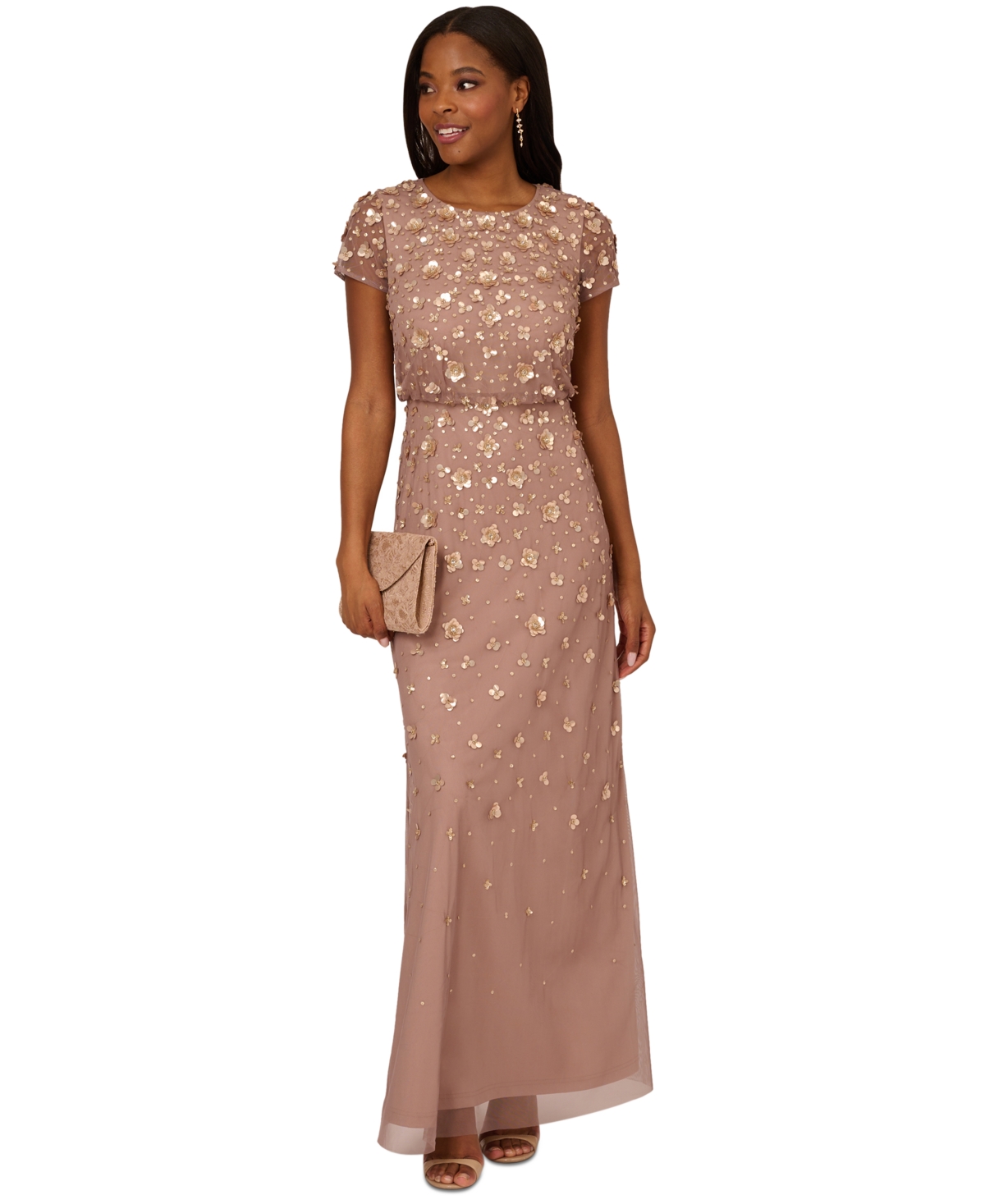 Petite 3D Embellished Blouson Gown - Stone