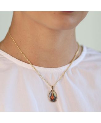 Oval Religious Medal Medallion Sacred Heart Of Jesus Photo Pendant Necklace Yellow Gold Plated
