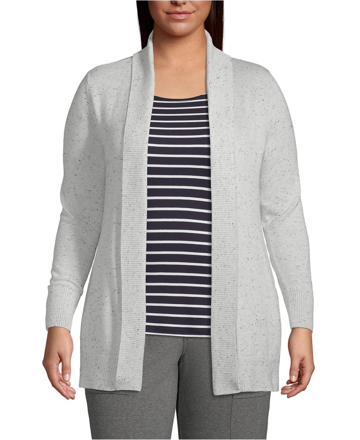 Lands' End Plus Size Cotton Modal Shawl Collar Cardigan Sweater - Pale gray heather donegal