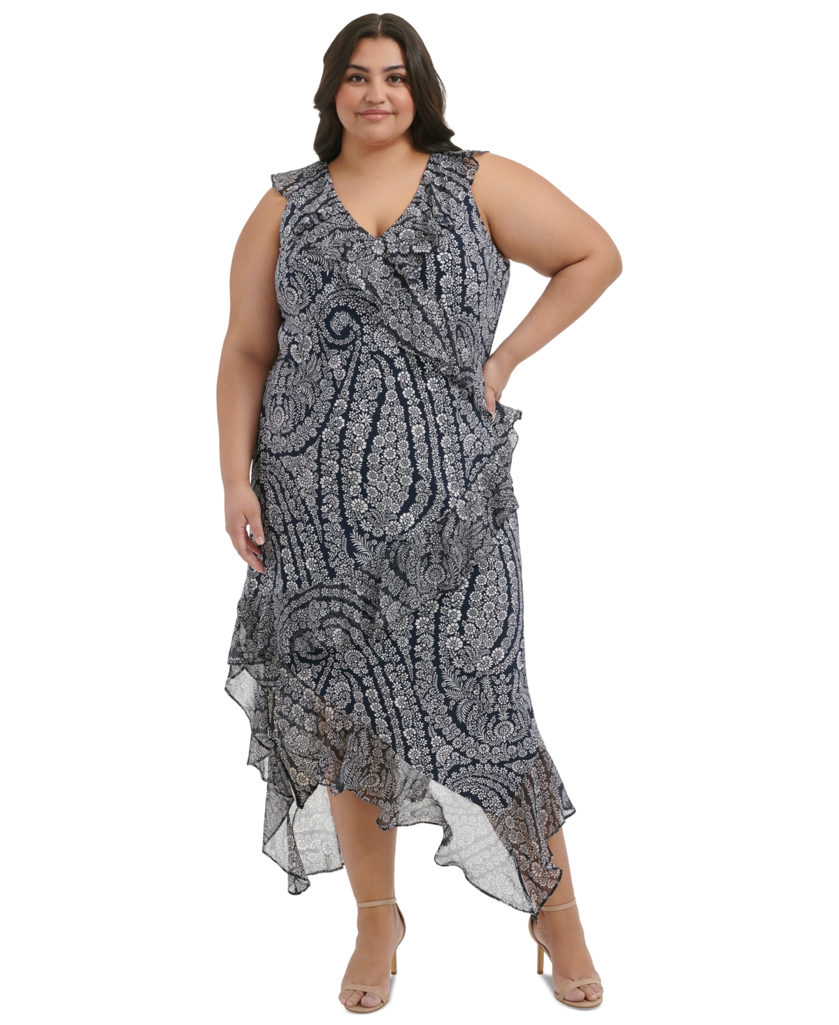 Shop Tommy Hilfiger Plus Size Ruffled Printed Midi Dress In Sky Capt,i