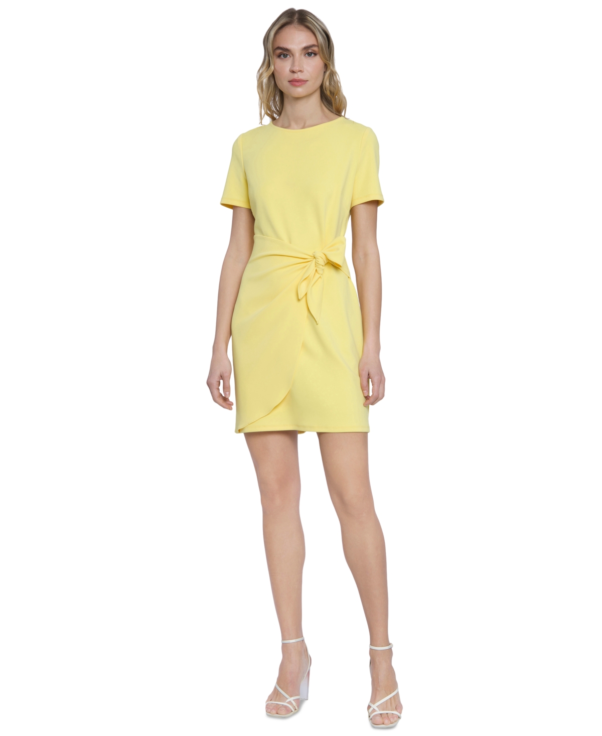Donna Morgan Wrap Mini Dress In Lemon