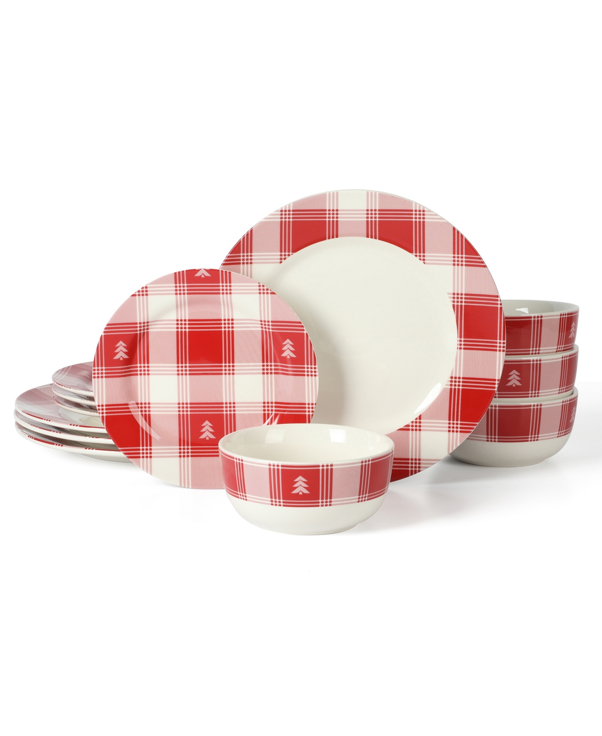 Plaid Decorated Red White 12 Piece Dinnerware Set, Service for 4 - White
