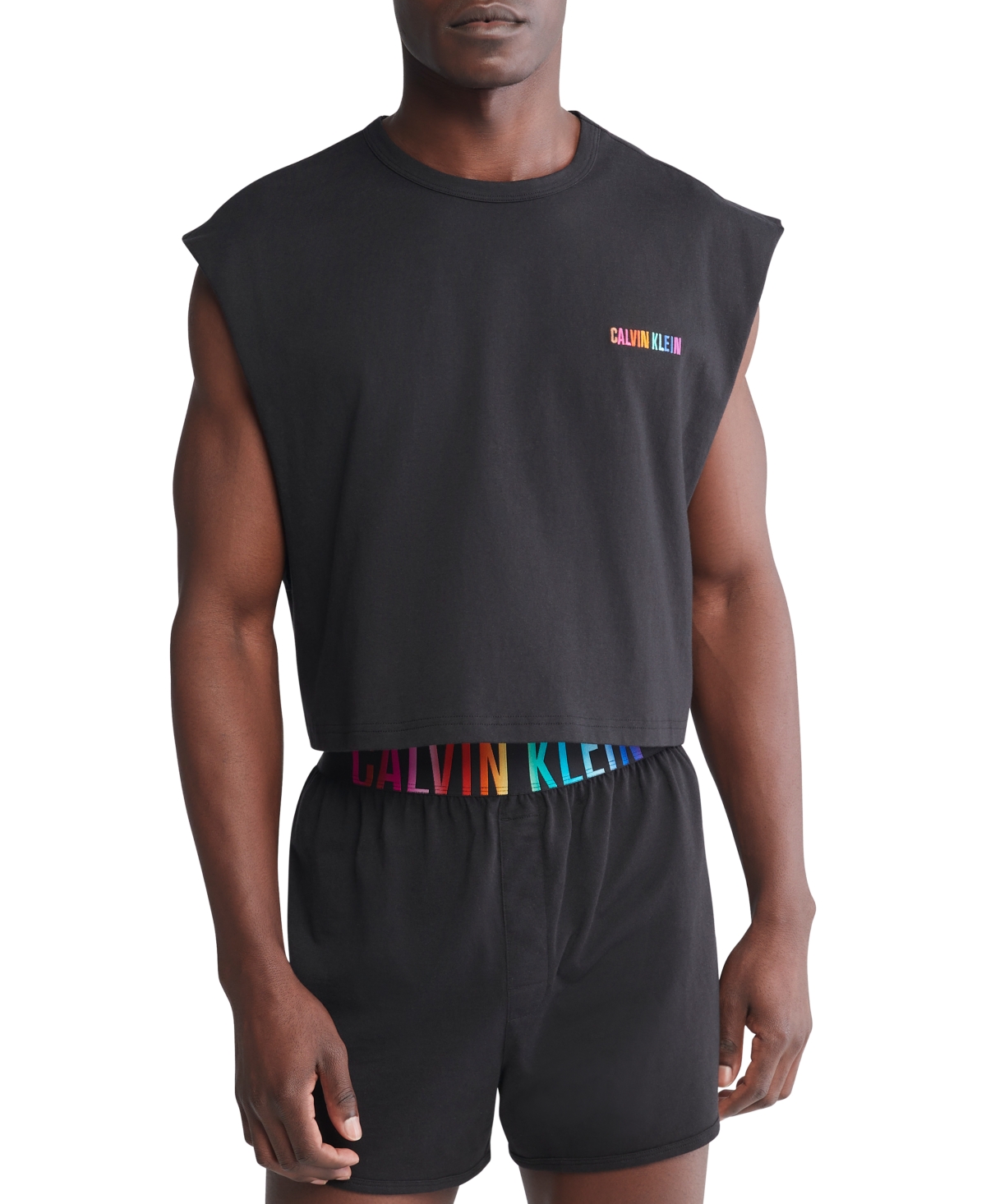 Shop Calvin Klein Men's Intense Power Pride Cropped Logo Embroidered Cotton Muscle Tank In Black