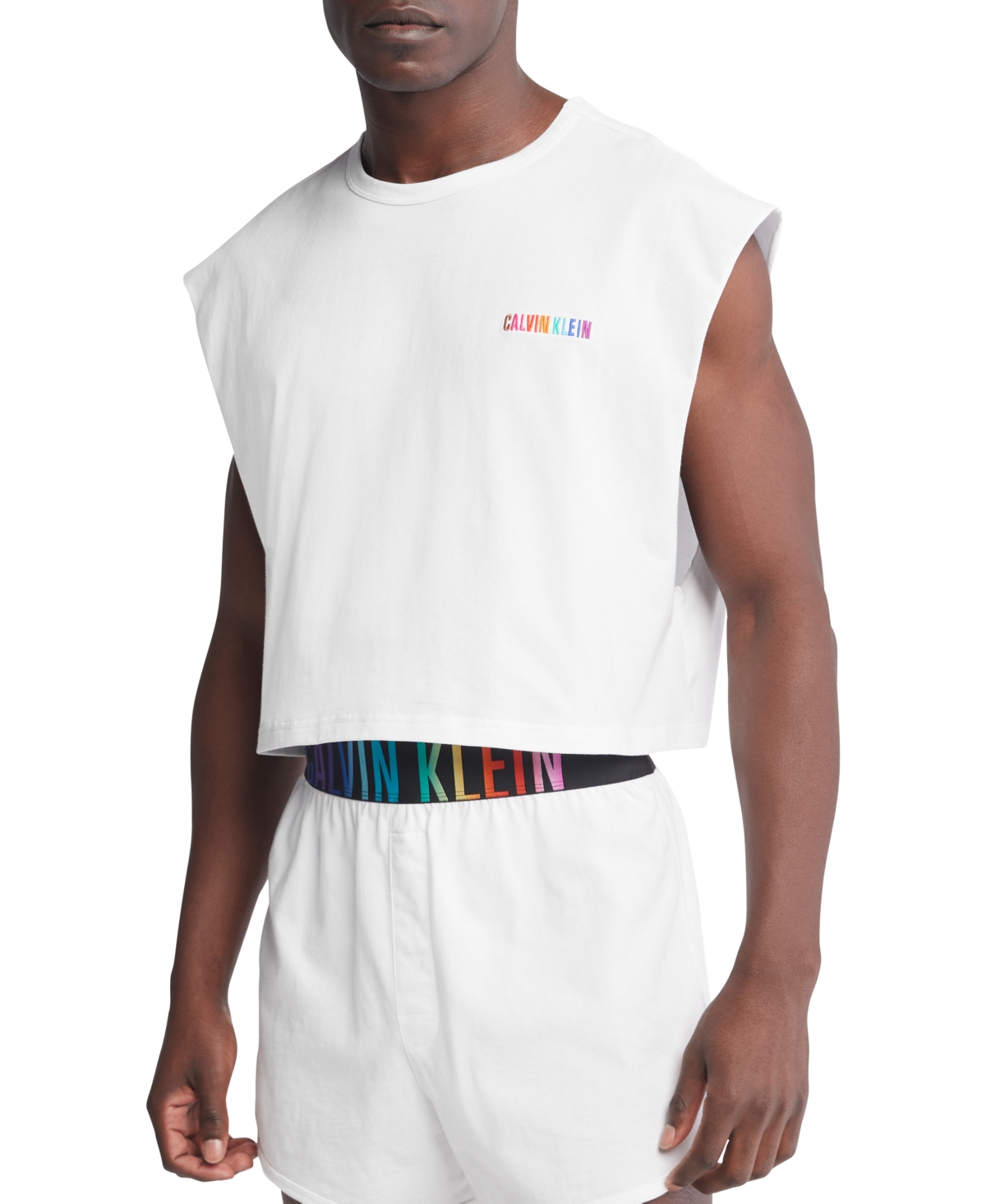 Shop Calvin Klein Men's Intense Power Pride Cropped Logo Embroidered Cotton Muscle Tank In White