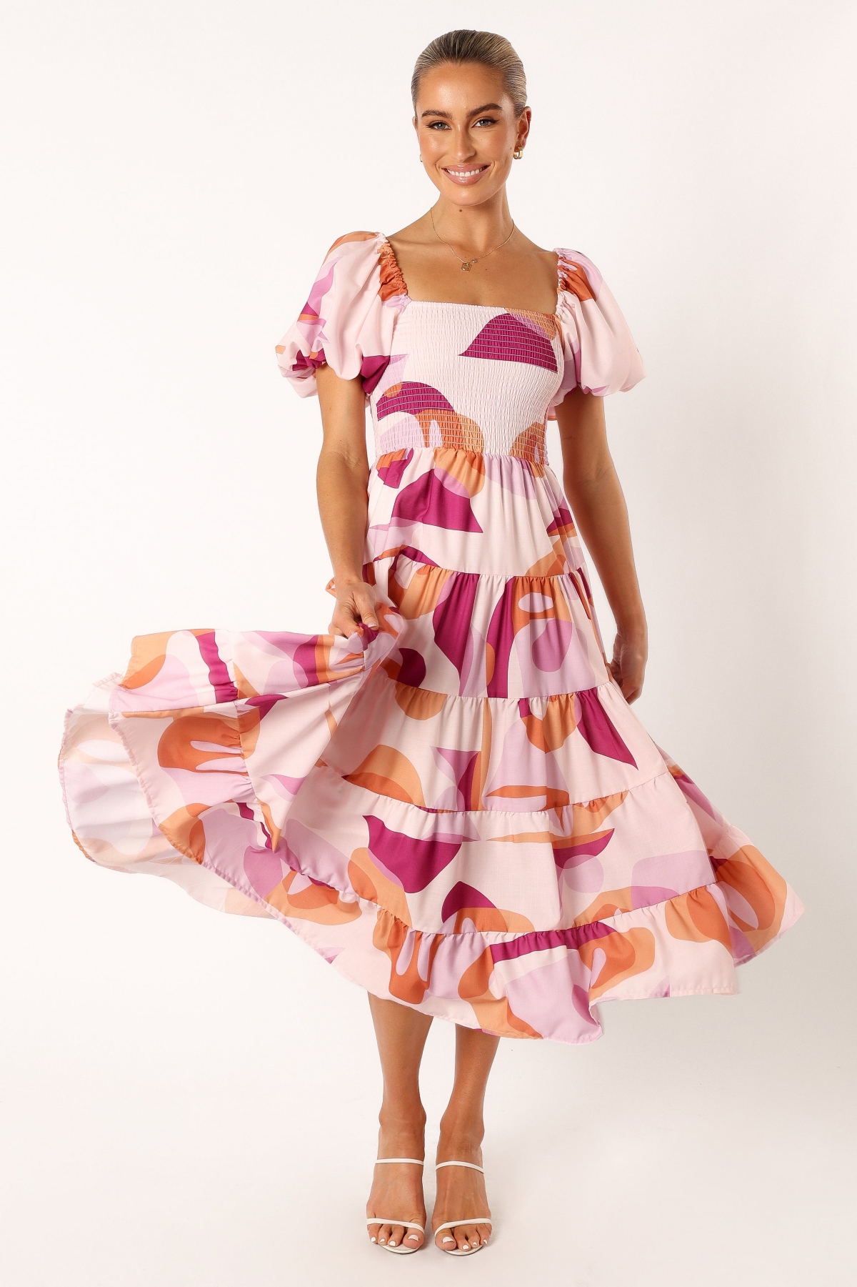 Women's Mollie Puff Sleeve Midi Dress - Pink swirl