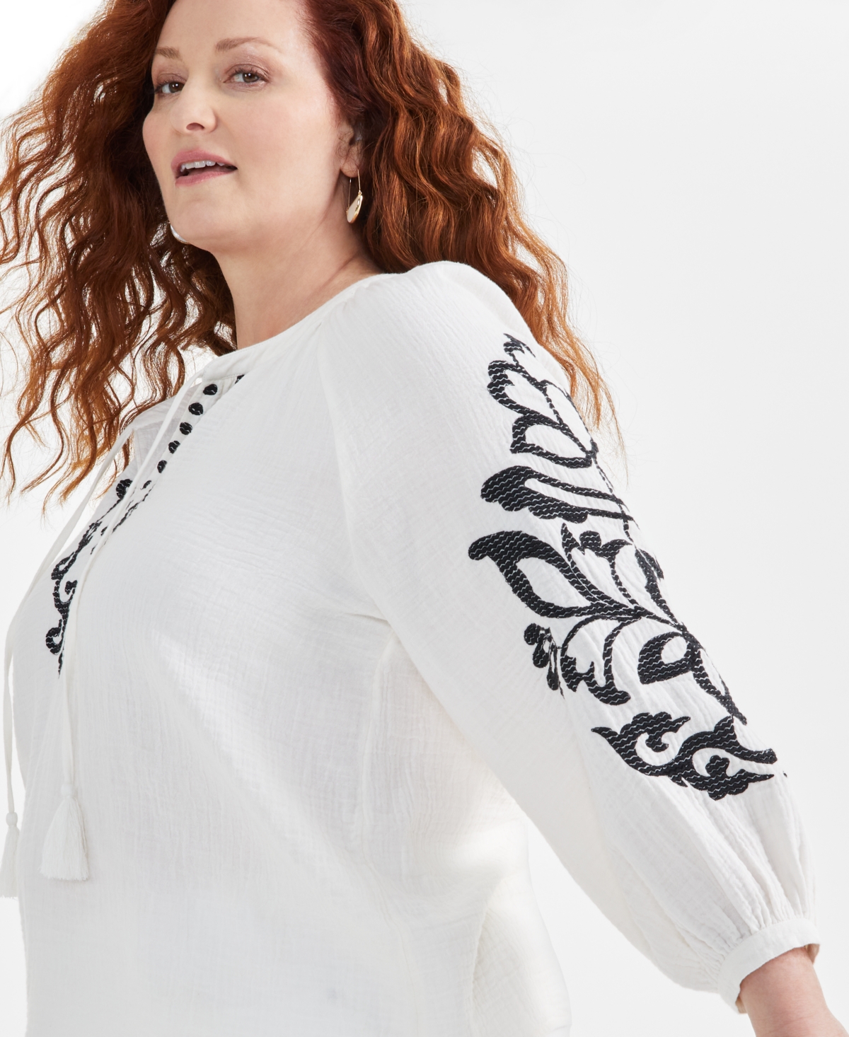 Style & Co Plus Size Tie Neck Cotton Peasant Blouse, Created for Macy's