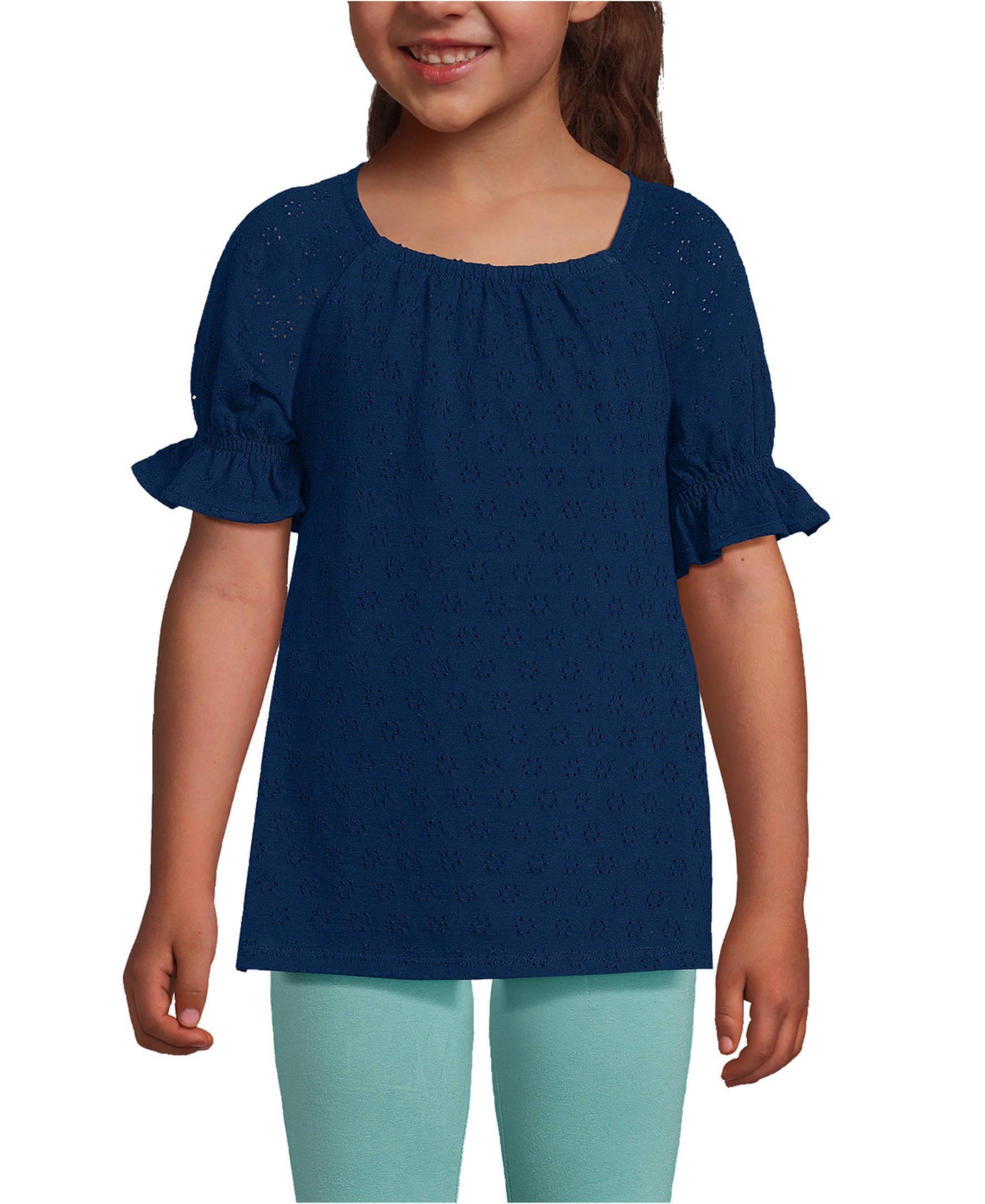 Lands' End Girls Short Sleeve Eyelet Ruffle Sleeve Top