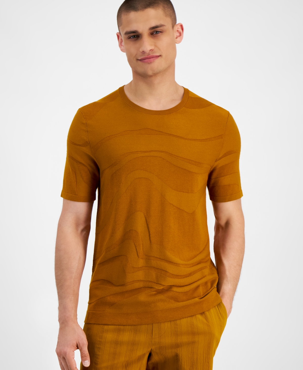Shop Alfani Men's Tonal Wave Jacquard T-shirt, Created For Macy's In Light Amber