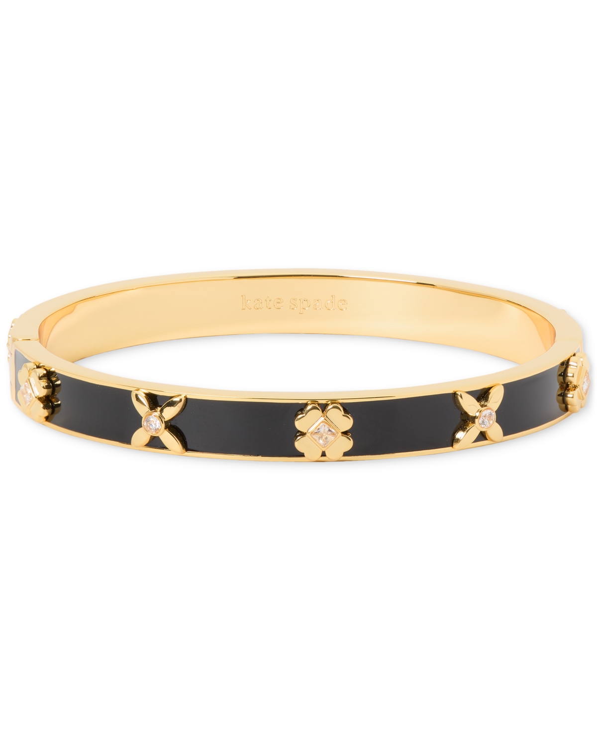 Shop Kate Spade Cubic Zirconia & Color Inlay Flower Bangle Bracelet In Black,gold